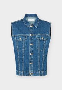 Veste en denim bleu sans manches avec fermeture à boutons sur le devant, deux poches poitrine boutonnées et col, étiquette de marque "NOISY MAY" à l'intérieur du col.