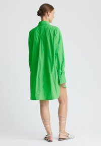 Chemise verte surdimensionnée en matériau léger, avec un col à boutons, des manches longues et un détail de pli au dos.