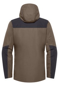 Bruine waterdichte jas met een capuchon, voorzien van donkerblauwe accenten op de schouders en mouwen. Gladde textuur, lichtgewicht stof, minimalistisch ontwerp.