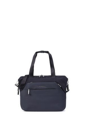 Schwarze und marineblaue Tote-Tasche mit zwei Griffen, vorderer Reißverschlusstasche, abnehmbarem Schulterriemen und dem Markennamen „Hedgren“ auf der Vordertasche.
