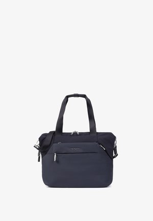 Sac cabas noir et bleu marine avec deux anses, poche avant zippée, bandoulière amovible et le nom de la marque « Hedgren » sur la poche avant.
