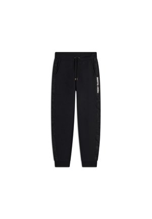 Pantalon de survêtement noir avec une taille à cordon, poches latérales et rayures noires à motifs sur les côtés. Présente "FREDDY TRAINING" en texte blanc sur la jambe.