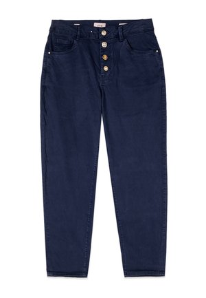 Pantalon bleu marine à jambes droites avec taille haute, quatre boutons apparents, poches avant et poche porte-monnaie, et passants pour ceinture.