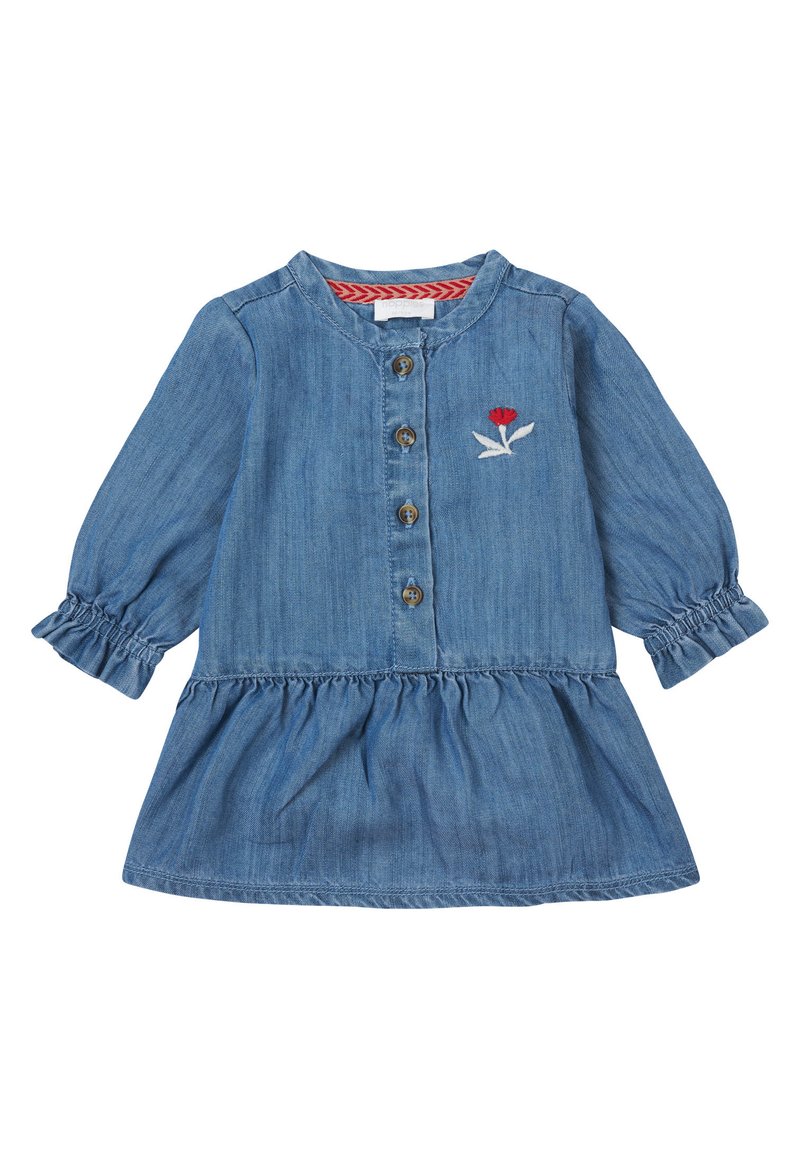 Denim jurk met lange mouwen, knopenlijst aan de voorkant en gerimpelde zoom. Heeft rode bloemenborduursels op de borst. Zachte textuur en lichtblauwe kleur.