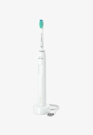 Philips Sonicare elektrische tandenborstel in wit plastic, met een groene en blauwe borstelkop, oplaadstation en USB-kabel. Eenvoudig ontwerp, compacte vorm.