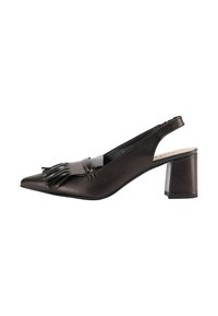 Scarpa slingback in pelle nera con punta affilata, caratterizzata da un dettaglio a nappina, tacco a blocco e superficie liscia.