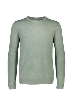 heleheleroheline pikkade varrukatega ümarseljaline kampsun, millel on soonikud varrukaservadel ja allääres, esitatud valgel taustal.