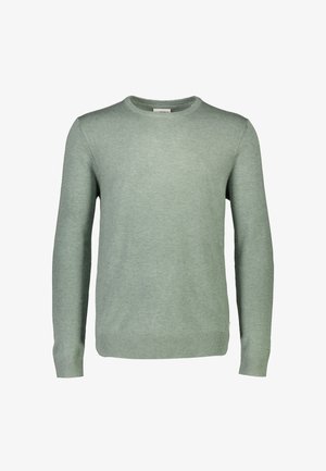 Svetlo zelena pulover z dolgimi rokavi in okroglim izrezom, z rebrastimi manšetami in spodnjim robom, prikazan na enostavni belem ozadju.