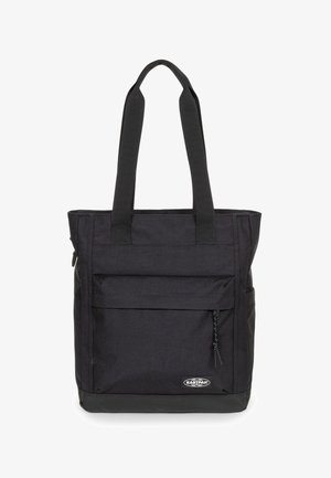 Bolso tote negro hecho de tejido duradero con una textura suave, que cuenta con dos correas largas, un bolsillo frontal y un panel inferior negro de contraste.