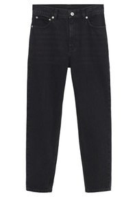 Jean noir taille haute à jambes droites avec fermeture par bouton et zip, poches avant et arrière, et détails de rivets argentés.