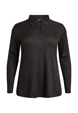 Langärmliges schwarzes Polohemd aus geripptem Stoff. Verfügt über einen Kragen und eine Knopfleiste mit sechs schwarzen Knöpfen.