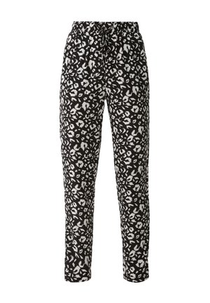 Zwart-witte luipaardprint broek met een elastische tailleband en trekkoord. Losse pasvorm met rechte pijpen en een zachte stofstructuur.