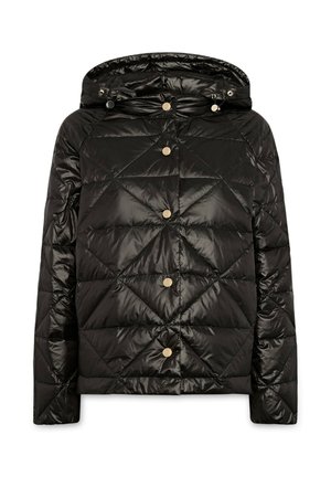 Schwarze Daunenjacke mit Kapuze, Rautensteppung, glänzender Textur und goldfarbenen Druckknöpfen auf der Vorderseite.
