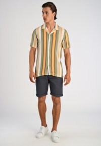 Camisa de botones de manga corta con rayas verticales en verde, amarillo y naranja, combinada con pantalones cortos oscuros y zapatillas blancas.