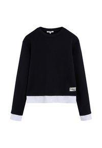 Sudadera corta de color navy con mangas largas, banda inferior y puños en blanco, que presenta un parche con logo en la parte delantera. Textura suave y lisa.