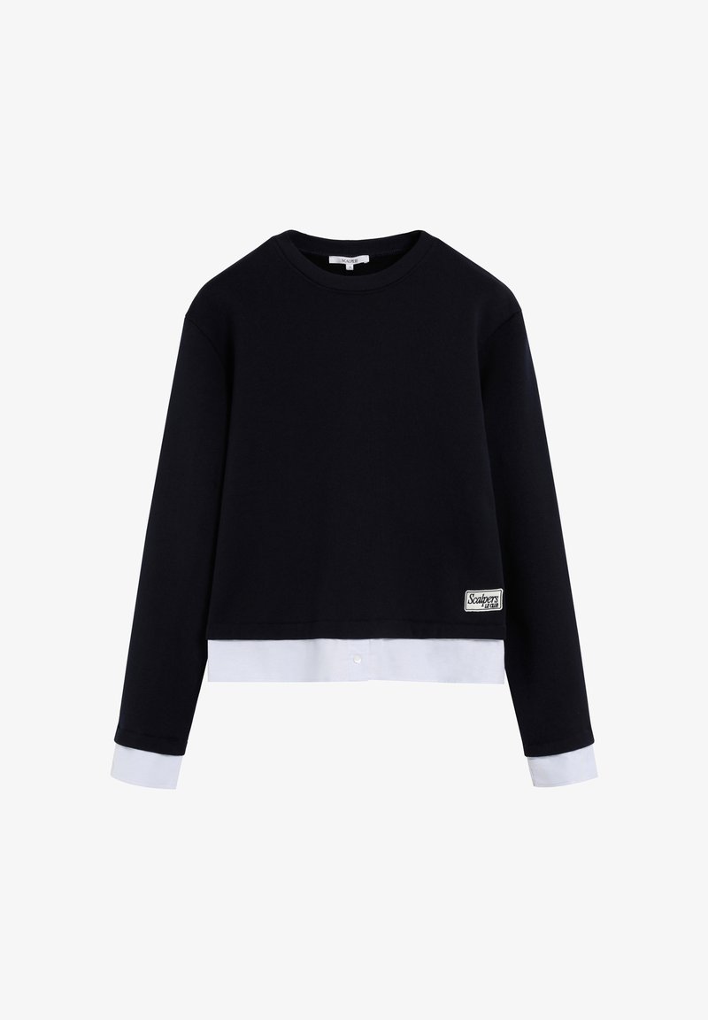 Marineblauwe cropped sweatshirt met lange mouwen, witte onderband en manchetten, met een logopatch aan de voorkant. Zachte, gladde textuur.