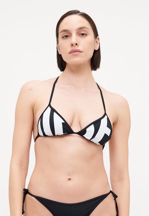 Black and white striped bikini with triangular cups, thin straps, and tie-side bottoms. Smooth texture and minimalistic design.
