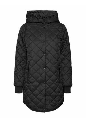 Veste doudoune noire matelassée avec capuche, dotée d'une fermeture à boutons-pression, de deux poches latérales zippées et de poignets côtelés. La longueur atteint le milieu de la cuisse.