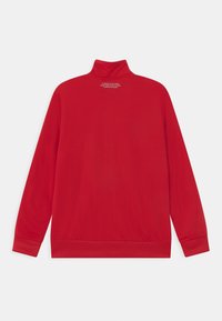 Červený pulovr s dlouhým rukávem a vysokým límcem. Hladký povrch, žebrované manžety a lem, na zádech se nachází bílý potisk.