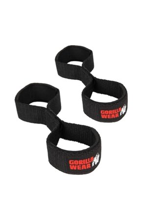 Zwarte stoffen lifttouwen met gevoerde polslussen en rood "Gorilla Wear"-logo met een witte gorilla op elke band.