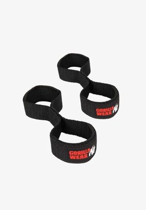 Zwarte stoffen lifttouwen met gevoerde polslussen en rood "Gorilla Wear"-logo met een witte gorilla op elke band.