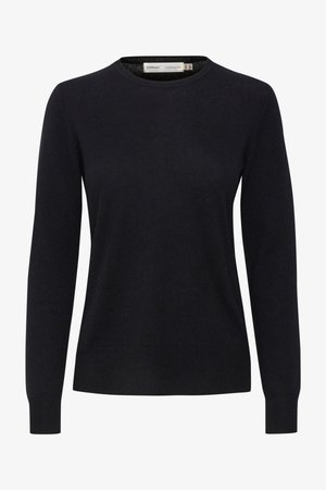 Czarny sweter z dzianiny z długimi rękawami, okrągłym dekoltem i ściągaczami na mankietach. Wykonany z miękkiego materiału o gładkiej fakturze.