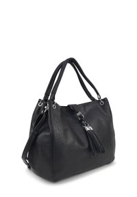 Zwarte leren handtas met een gestructureerde afwerking, voorzien van twee handgrepen, een afneembare schouderriem en een zilverkleurige hardware-tassel detail.