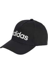 Gorra de béisbol negra hecha de tela, con visera curvada y el logo bordado en blanco de "adidas" en la parte frontal. Diseño simple con seis paneles.