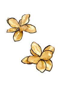 Boucles d'oreilles dorées en forme de fleurs, avec des pétales texturés aux contours noirs, mettant en valeur leur conception tridimensionnelle.