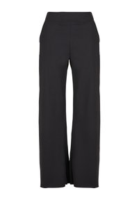 Pantalon noir à jambes larges avec une texture douce et lisse, doté d'une ceinture élastique et sans poches visibles ni détails métalliques.