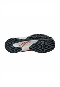 Weiße Sportschuhsohle mit einem strukturierten, dunklen Gummimuster. Enthält eine flexible Rille und ein rosegoldenes Akzent im Zwischensohlenteil.