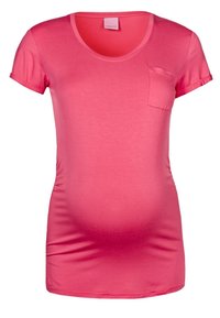 Růžové těhotenské tričko s krátkým rukávem, kulatým výstřihem a malou kapsičkou na levé straně hrudi. Měkká, elastická tkanina navržená pro pohodlí.