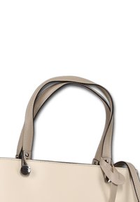 Beige leren handtas met dubbele handgrepen, gepolijst zilveren hardware en een gladde textuur. Heeft een geknoopte banddetail en contrasterende stiksels.