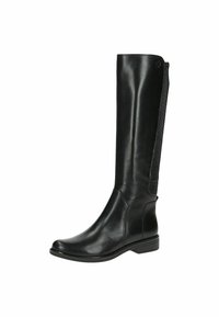 Bottes en cuir noir montantes avec une finition lisse, dotées de panneaux élastiques sur les côtés, d'un bout arrondi et d'un talon bas carré.