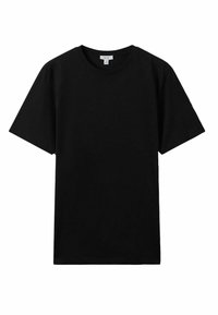 Tricou din bumbac negru cu mâneci scurte, gât rotund, croială standard, textură netedă, fără modele sau accente vizibile. Design simplu.
