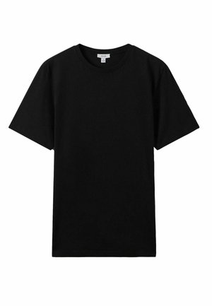 Tricou din bumbac negru cu mâneci scurte, gât rotund, croială standard, textură netedă, fără modele sau accente vizibile. Design simplu.