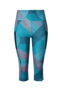 Cappieleggings in teal en blauw met een geometrisch patroon, featuring verschillende texturen en contrasterende roze accenten. Rekbare, aansluitende stof.
