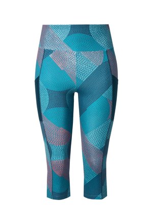 Leggings capri blu e verde acqua con un design geometrico, caratterizzati da diverse texture e accenti rosa a contrasto. Materiale elasticizzato e aderente.