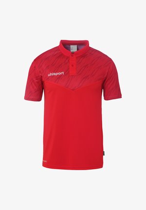 Rød polo skjorte med et struktureret mønster på den øverste del, korte ærmer og krave med tre knapper. Har "uhlsport" logoet på brystet.
