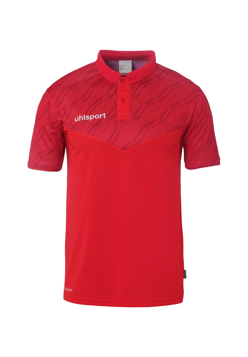 Polo rouge avec un motif texturé sur la partie supérieure, manches courtes, et un col à trois boutons. Il présente le logo "uhlsport" sur la poitrine.