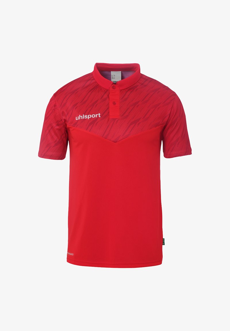 Polo rouge avec un motif texturé sur la partie supérieure, manches courtes, et un col à trois boutons. Il présente le logo "uhlsport" sur la poitrine.
