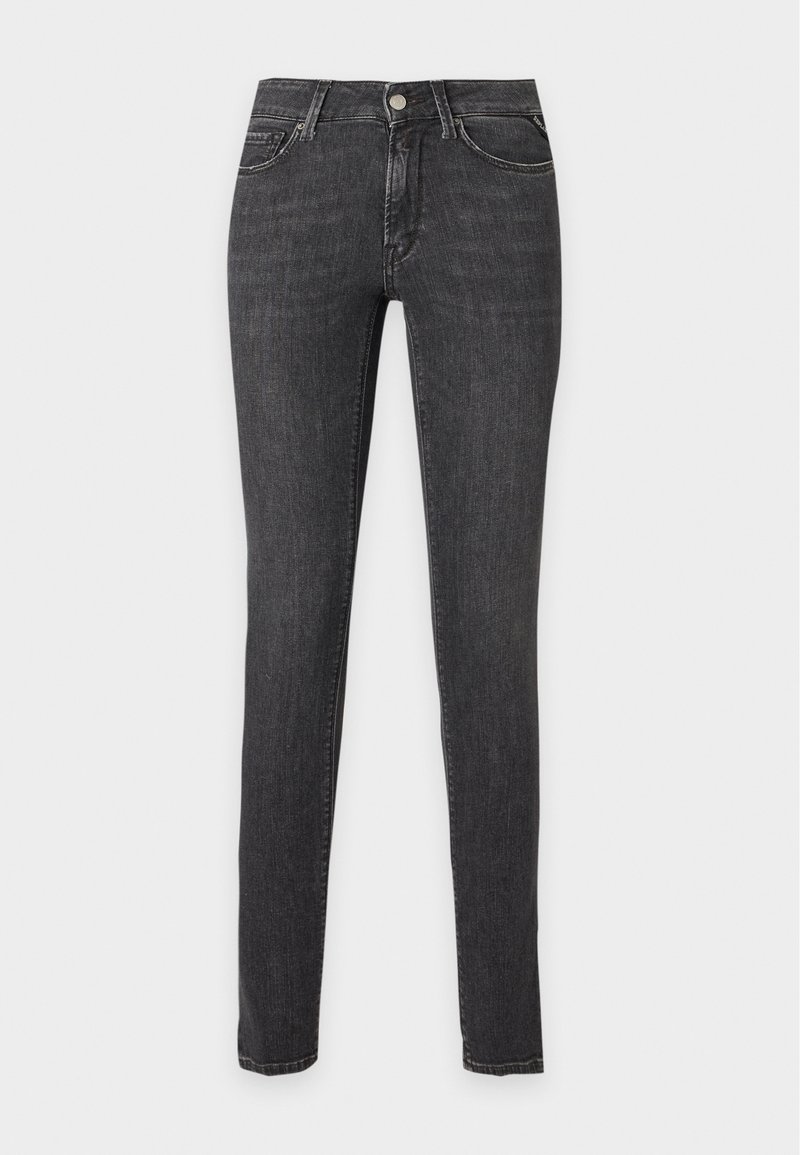 Σκούρο γκρι τζιν παντελόνι slim-fit με μπροστινές τσέπες, θηλιές για ζώνη και κλείσιμο με κουμπί, εμφανιζόμενο σε λευκό φόντο.