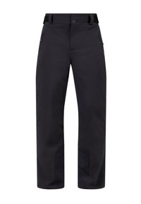 Pantaloni outdoor neri realizzati in tessuto resistente, con vita piatta, due tasche laterali con cerniera e sezioni rinforzate nella parte inferiore delle gambe.