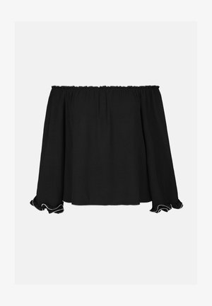 Fekete, váll nélküli felső fodros nyakkal és ujjal. Puha anyag, amely légies fazonnal rendelkezik, fehér díszítéssel a fodrok mentén.