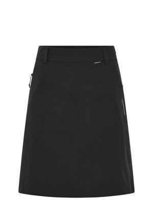 Jupe noire en tissu extensible, avec une coupe droite, une poche zippée latérale et un design minimaliste avec des détails de couture subtils.