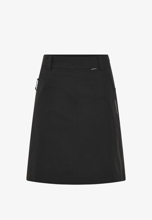 Jupe noire en tissu extensible, avec une coupe droite, une poche zippée latérale et un design minimaliste avec des détails de couture subtils.