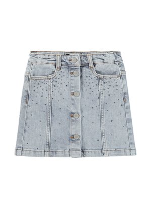 Jupe en jean bleu clair avec un devant à boutons, deux poches et des embellissements décoratifs ressemblant à des cristaux à l'avant pour ajouter de la texture.