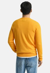 Helles, gelbes Strickpullover mit rundem Ausschnitt und gerippten Bündchen, getragen über hellblauen Jeans. Glatte Textur und klassischer Schnitt.