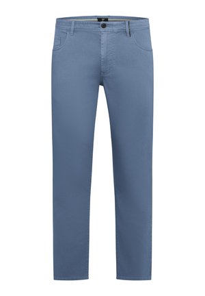 Schlanke Freizeithose in einfarbigem Hellblau mit Vordertaschen, Gürtelschlaufen, Knopfverschluss und Reißverschluss.