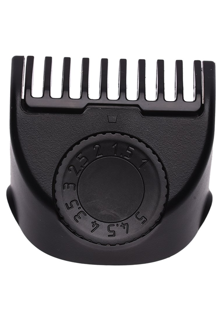 Guía ajustable de clipper para cabello negra con ajustes numerados del 1 al 5 para longitudes de corte, con dientes anchos en la parte superior.